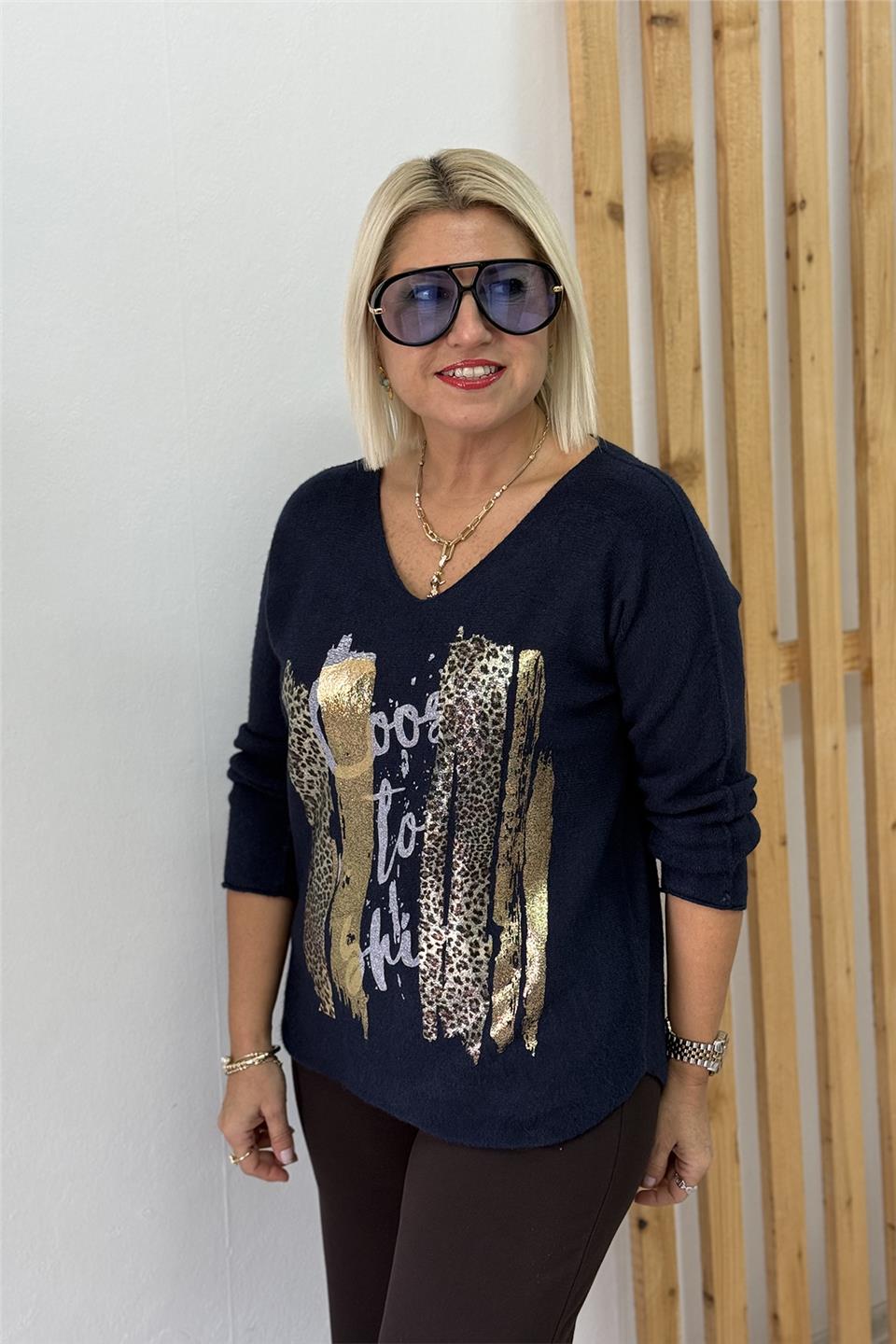 Lacivert V Yaka Varak Leopar Baskılı Viscose KazakUT24111019-LACIVERT-STD