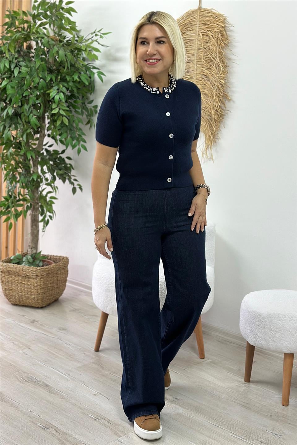 Lacivert Yüksek Bel Lastikli Palozzo Denim PantolonAJNS2501212-LACIVERT-34