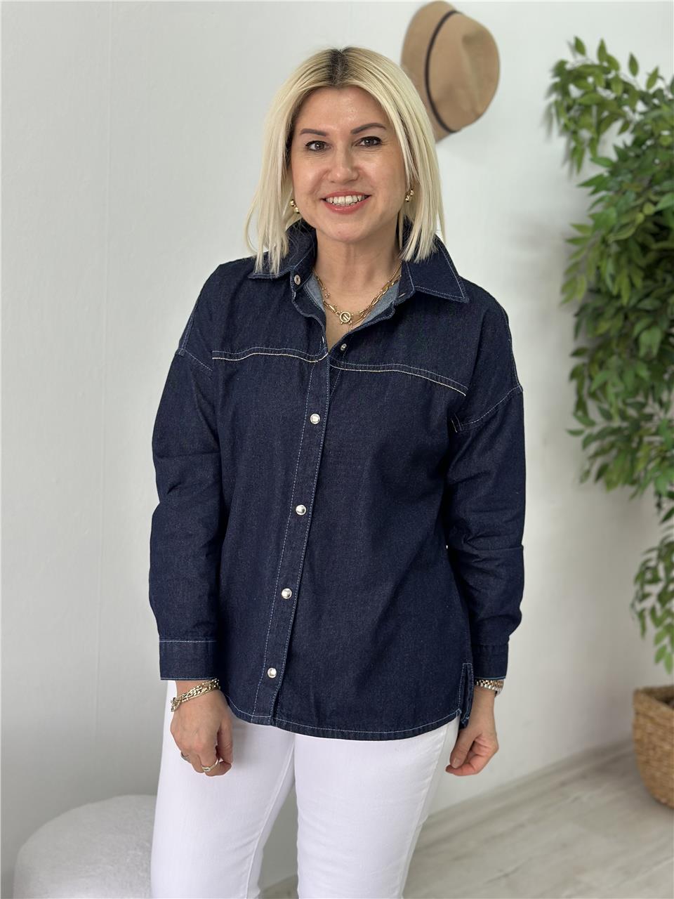 Lacivert Zincir Şerit Detaylı Denim GömlekUG02412110-LACIVERT-S