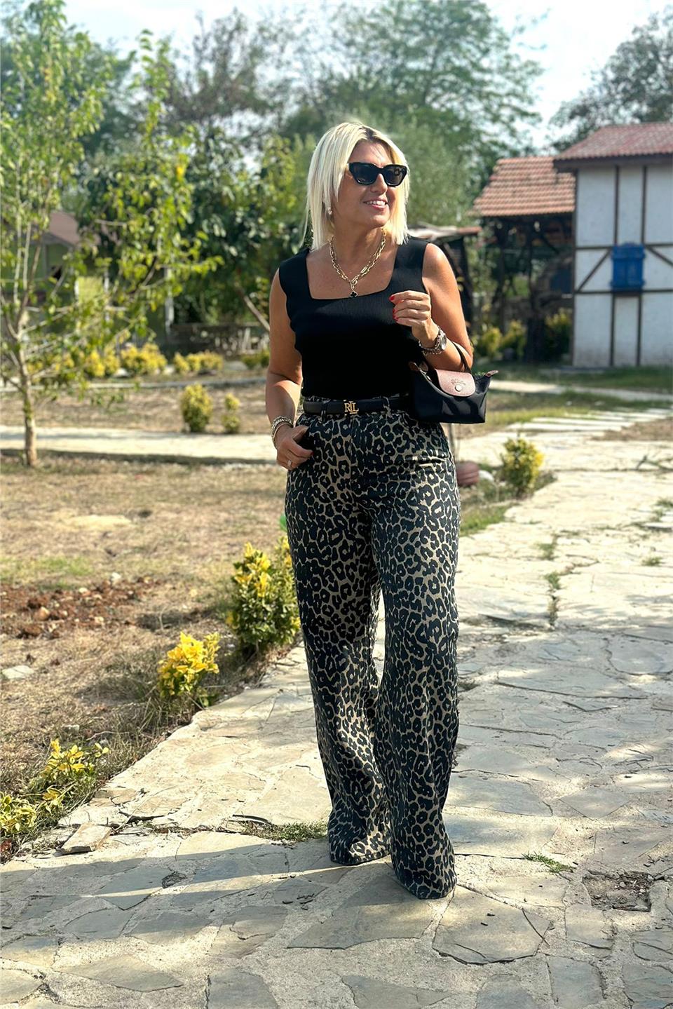 Leopar Palazzo Pantolon AK224049-KAHVERENGI-XS