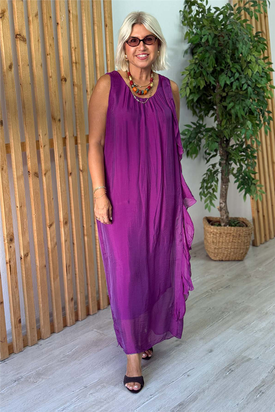 Leylak Fırfır Detaylı Sıfır Kol Uzun İpek ElbiseELB26001112-LEYLAK-STD