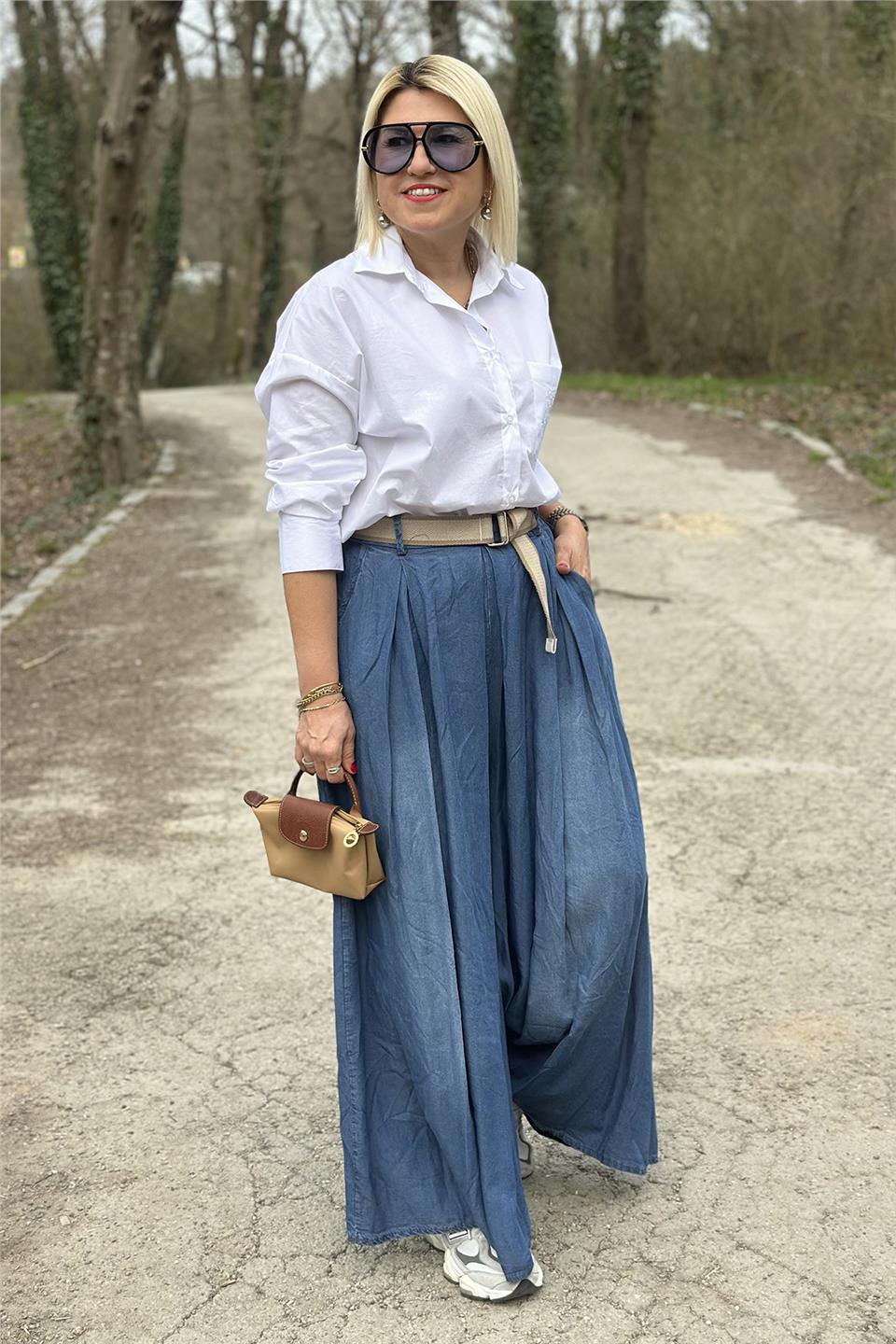 Mavi Beli Kemerli Bol Paça Denim PantolonAJNS2501215-MAVI-STD