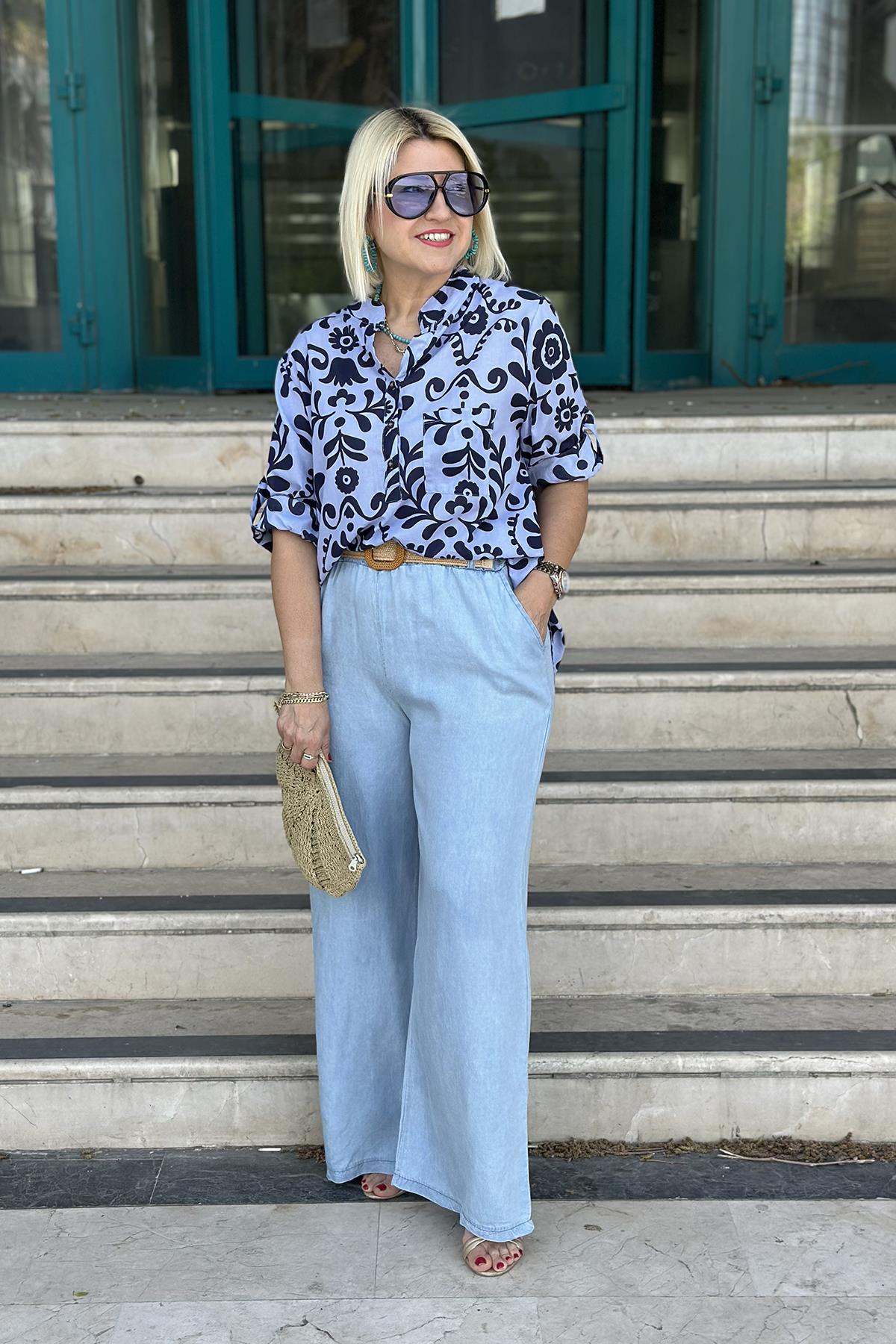 Mavi Beli Kemerli Bol Paça İnce Denim PantolonUK224048118-MAVI-STD