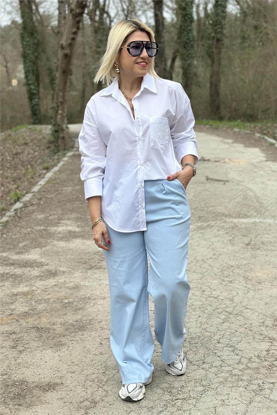Mavi Beli Lastikli Bol Paça Full Lycralı PantolonUK224048114-MAVI-STD
