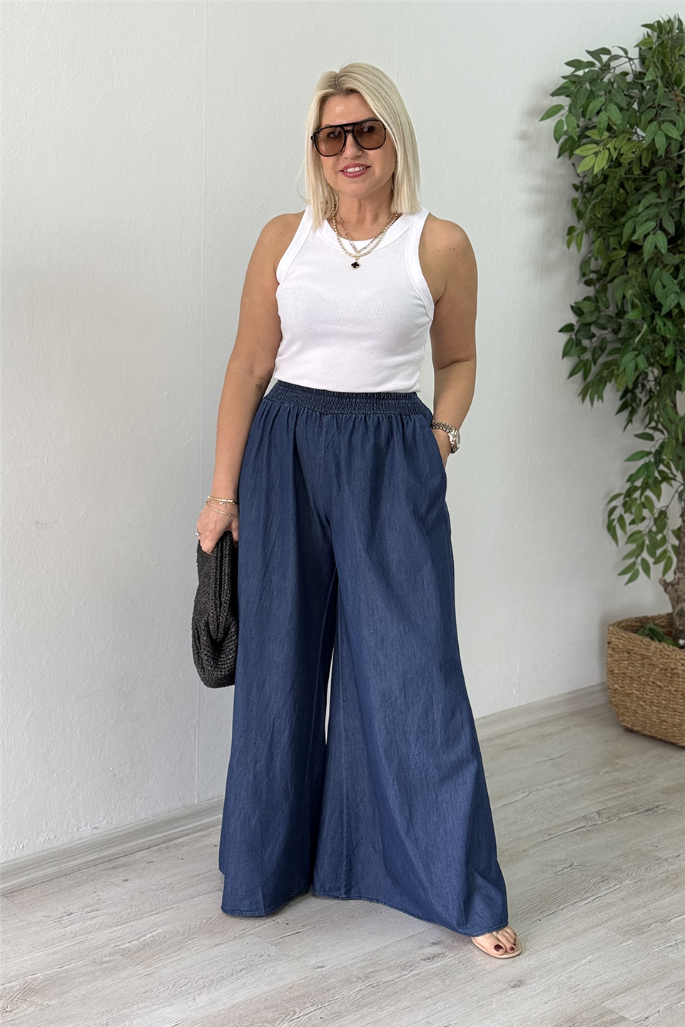 Mavi Beli Lastikli Bol Paça İnce Denim PantolonAPNT20250965-MAVI-STD