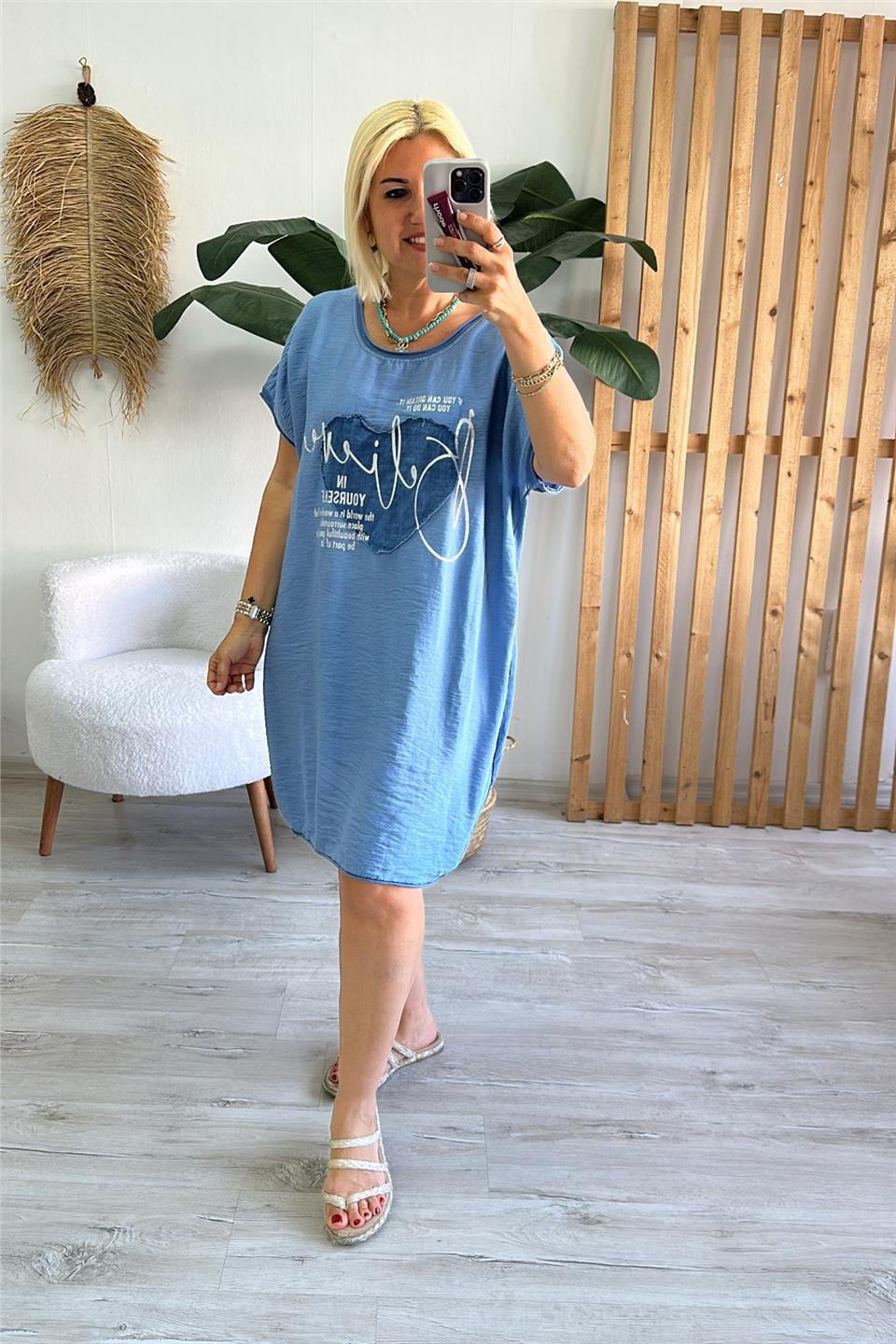 Mavi Bisiklet Yaka Baskılı Ön Cotton Sırt Penye ElbiseELB2401281-MAVI-STD