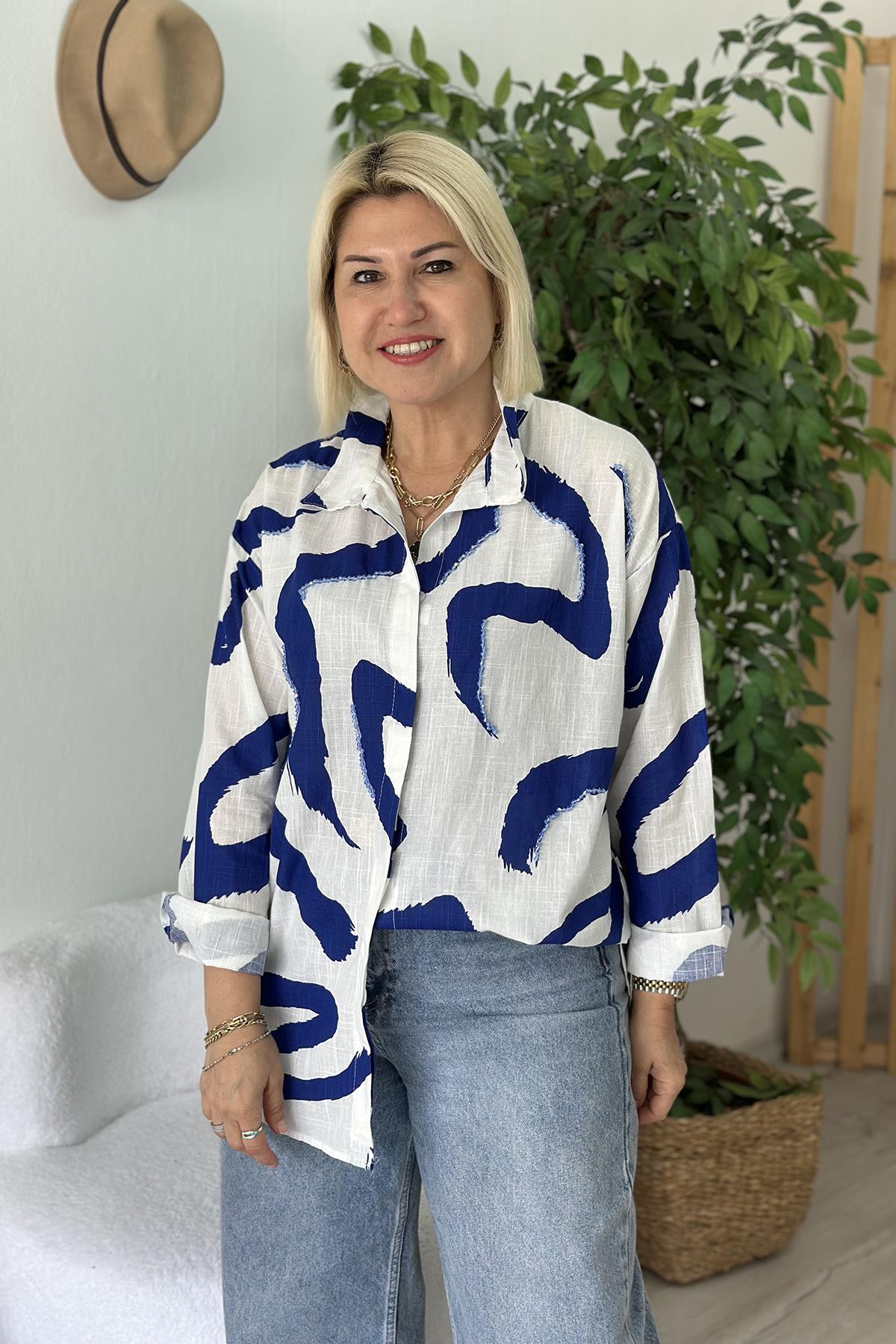 Mavi Desenli Taş İşlemeli Pamuk GömlekUG02412119-MAVI-STD