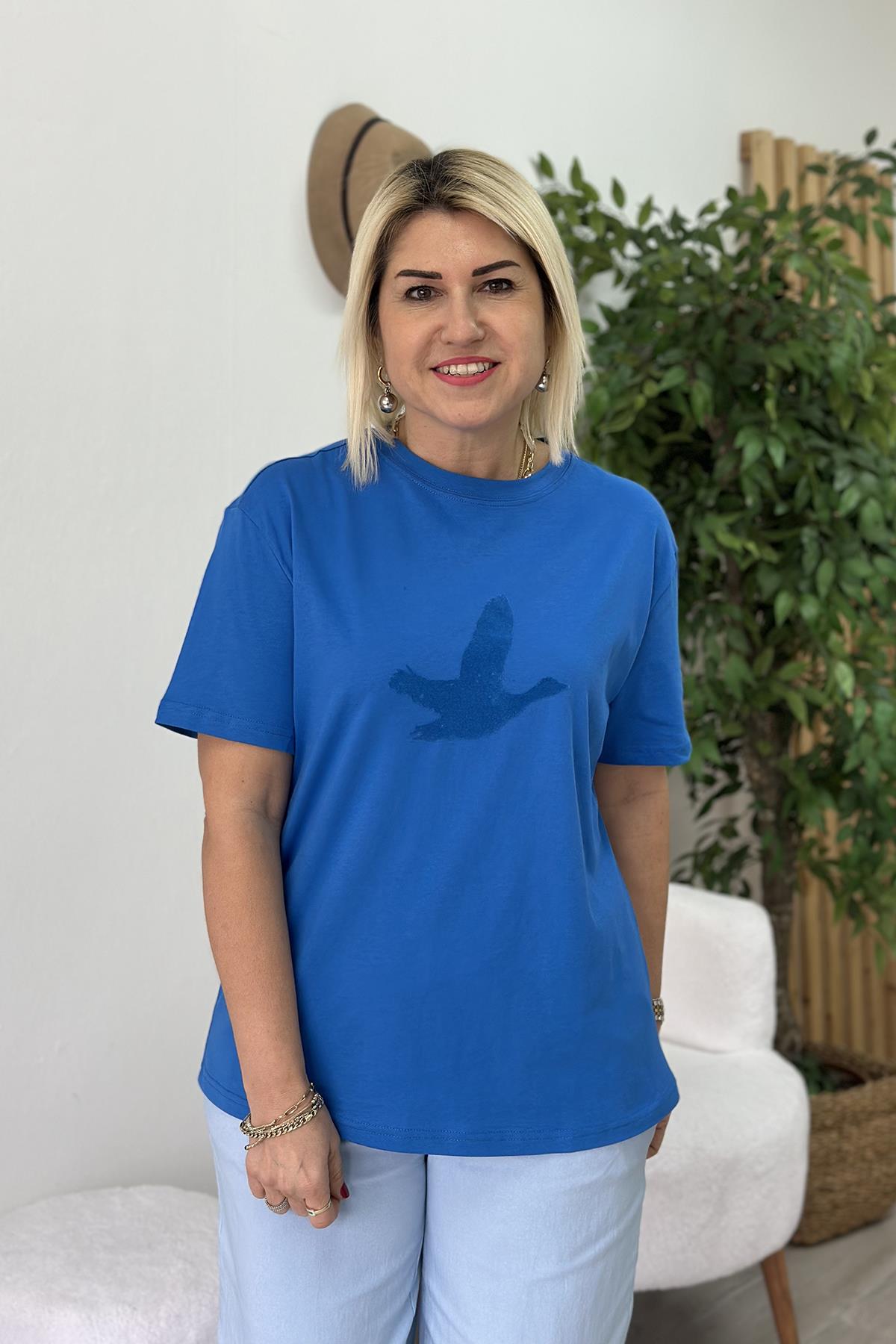 Mavi Flok Baskı Cotton TShirtUTS25002060-MAVI-S