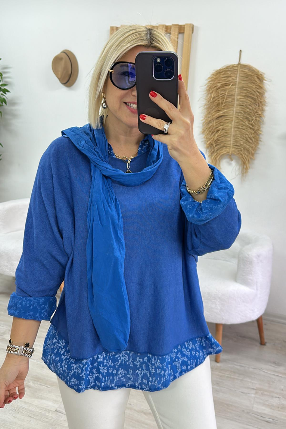 Mavi Gömleği Desenli Cotton BluzUBL2412232-MAVI-STD