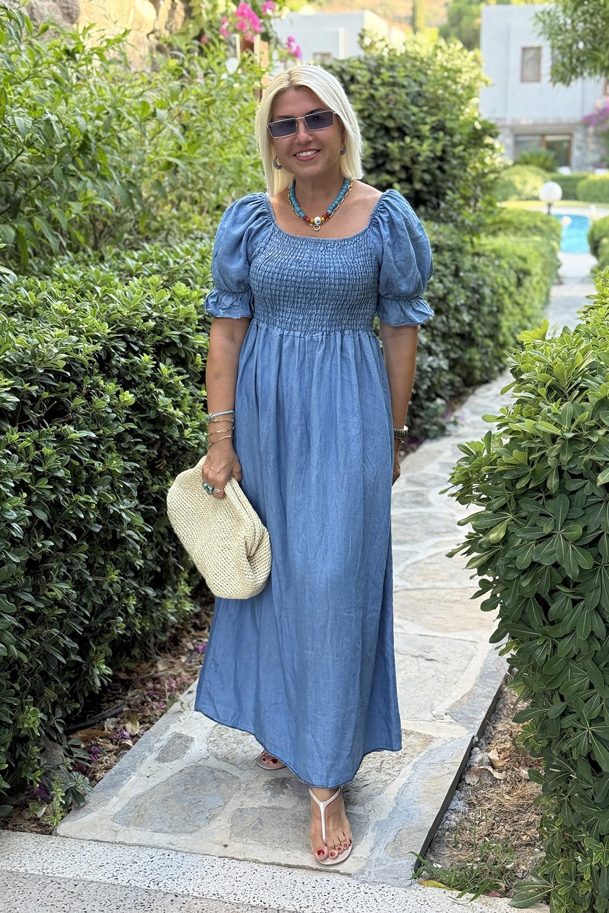 Mavi Madonna Yaka Lastikli Gipeli Uzun Denim ElbiseELB2401330-MAVI-STD