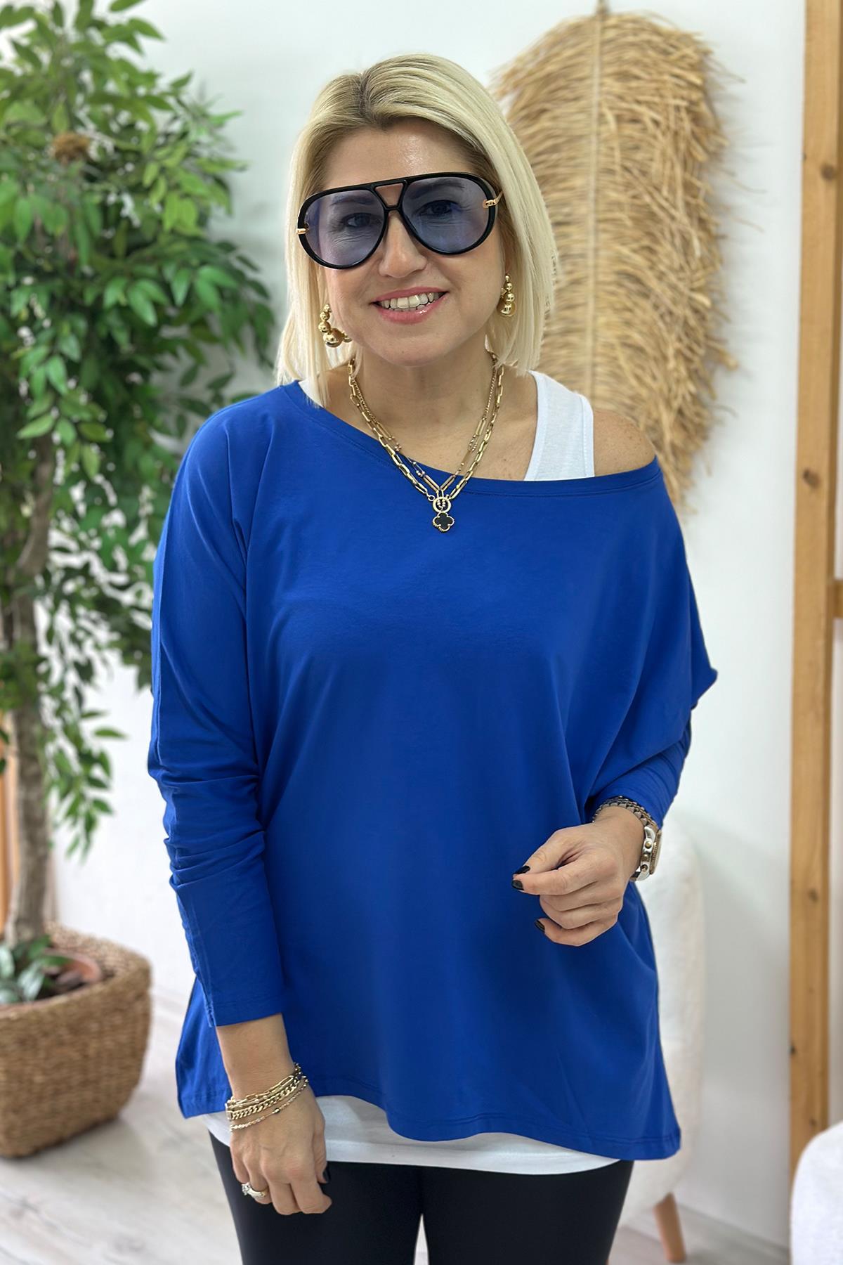 Mavi Tshirt Detaylı İkili Penye BluzUBL2412228-MAVI-S