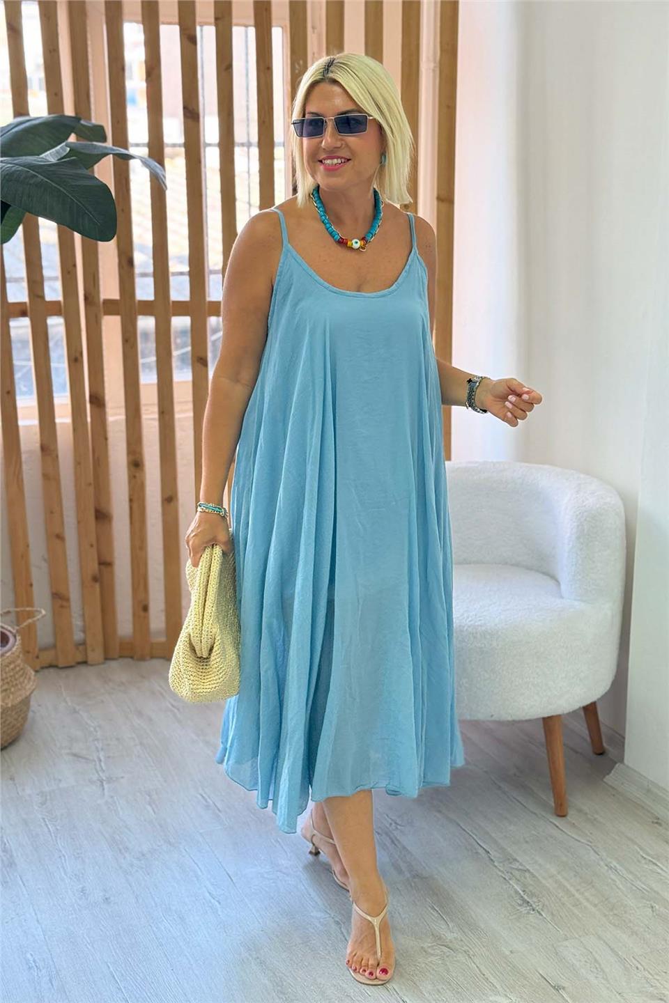 Mavi Verev Kesim Pamuk Askılı İçi Astarlı Belerolu ElbiseELB2401347-MAVI-STD
