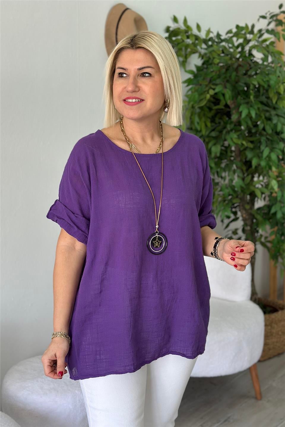 Mor Bisiklet Yaka Kolyeli Keten BluzUBL2412236-MOR-STD