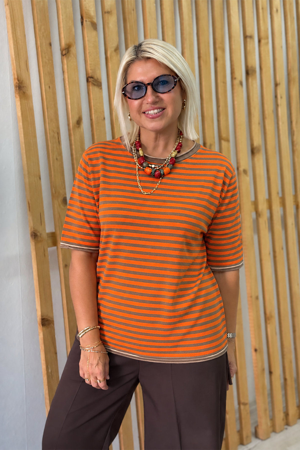 Orange Bisiklet Yaka Çift Renk Çizgili Kısa Kol TrikoUT26001067-ORANGE-STD