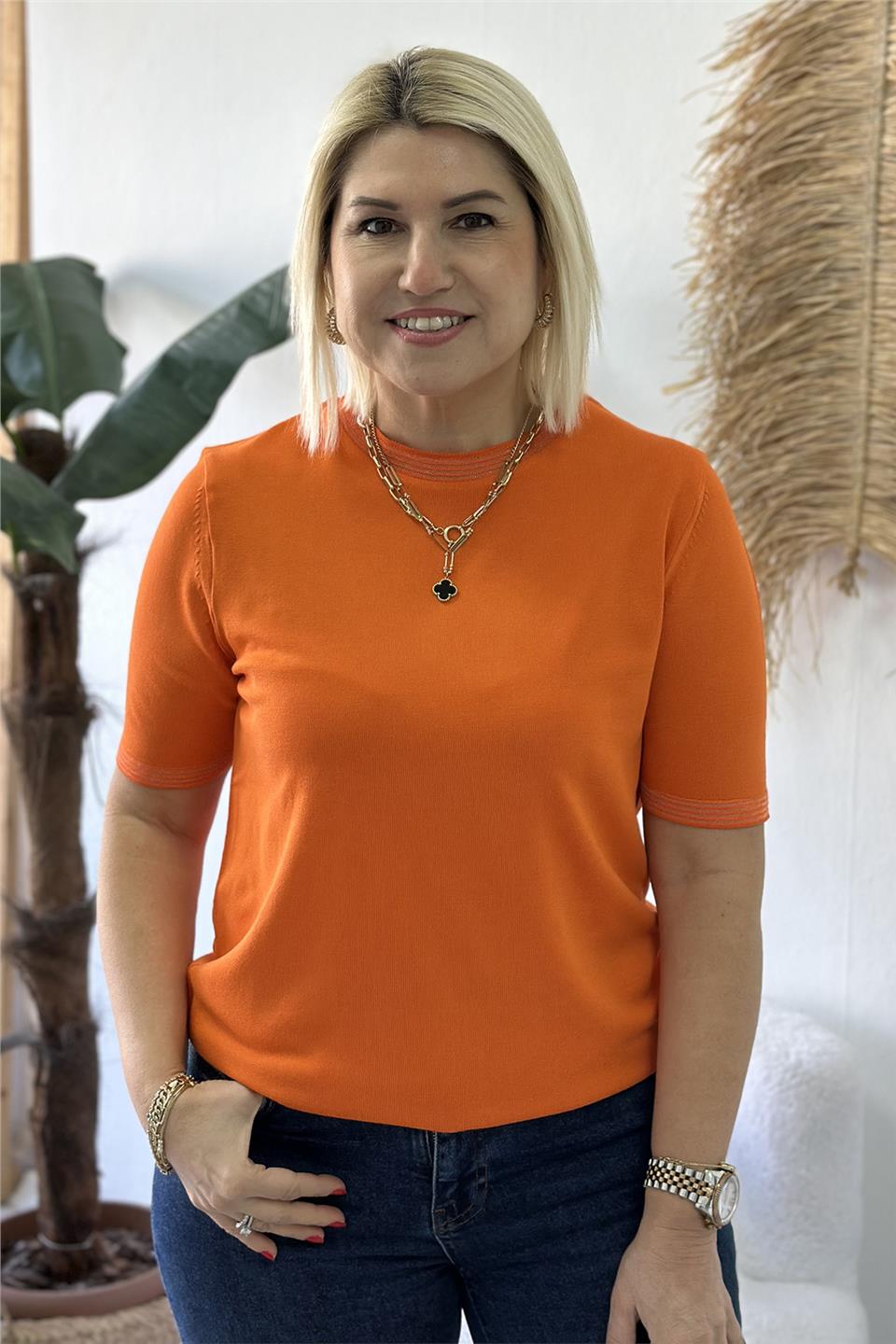 Orange Bisiklet Yaka Kol ve Yaka Tül Biyeli TrikoUT24110972-ORANGE-S