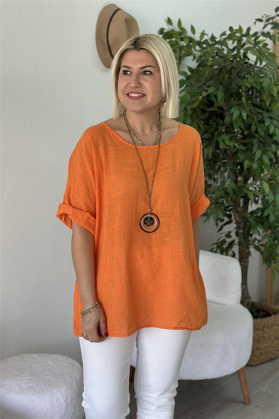 Orange Bisiklet Yaka Kolyeli Keten BluzUBL2412236-ORANGE-STD