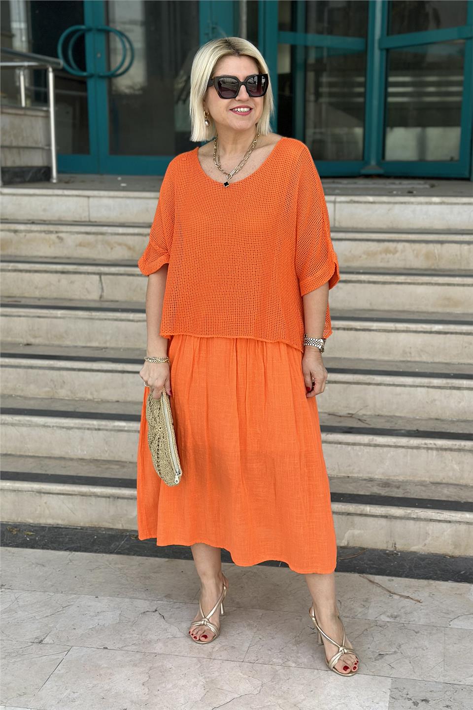 Orange Düz Desen Fileli Keten ElbiseELB2401239-ORANGE-STD