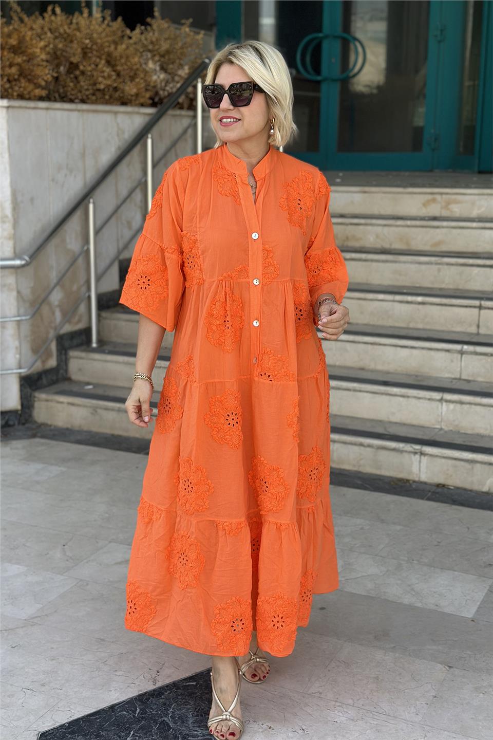 Orange İthal Kabartma Fistolu Pamuklu ElbiseELB2401240-ORANGE-STD