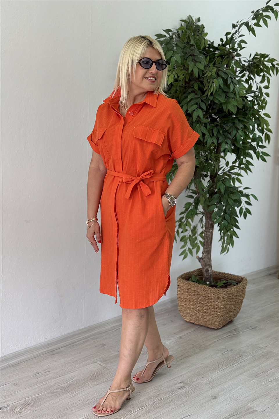 Orange Kuşak Detayı Kısa Gömlek ElbiseELB26001032-ORANGE-S