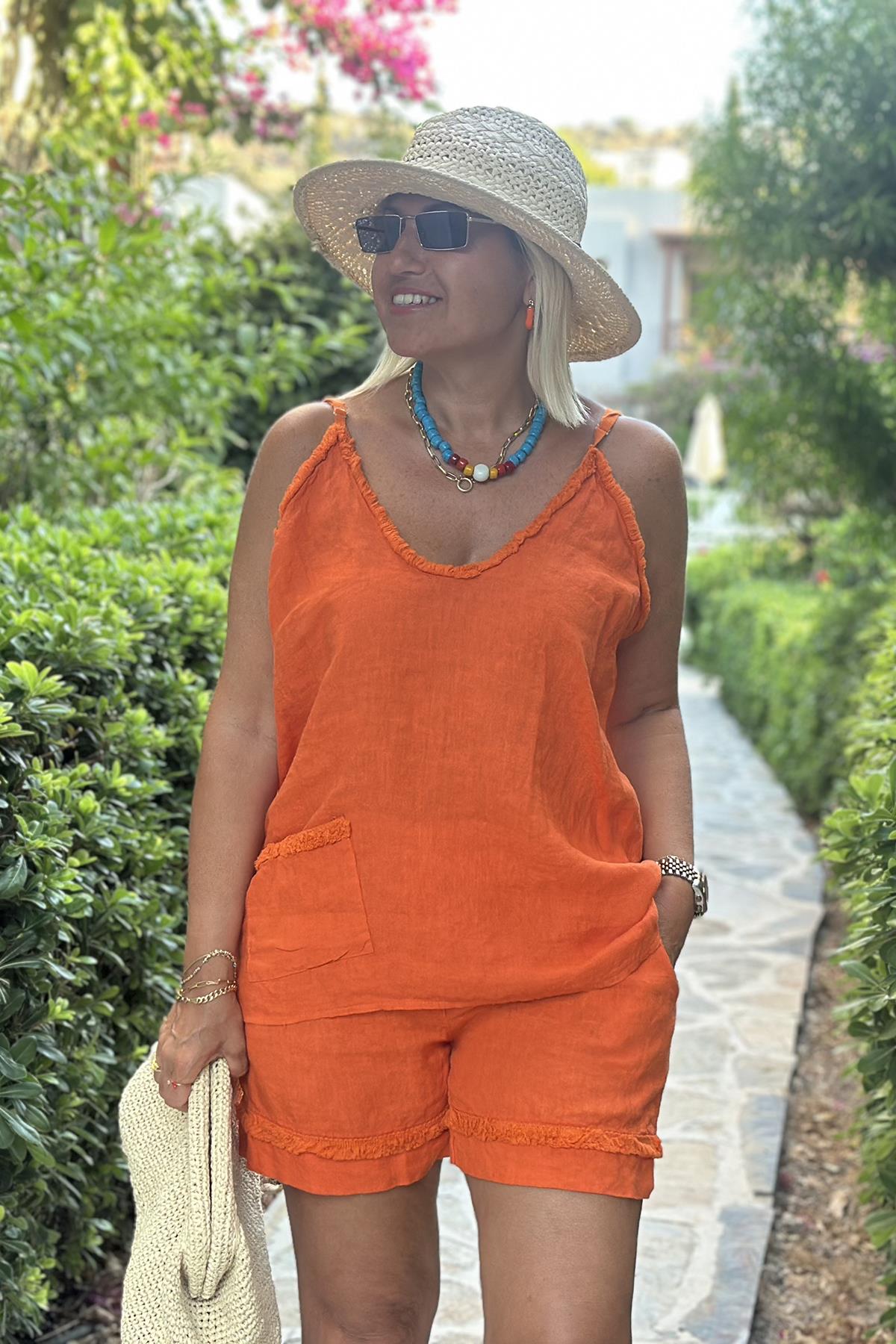Orange V Yaka Ayarlanabilir Askı Detay Şortlu Keten TakımUTK2501164-ORANGE-STD