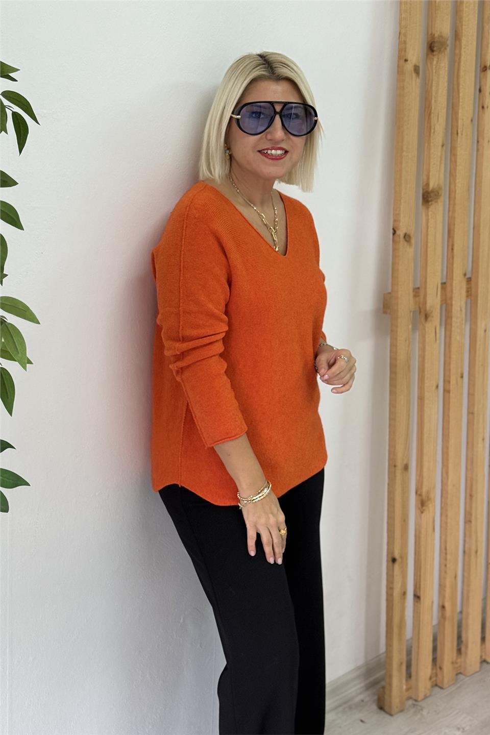 Orange V Yaka Düz Viscose KazakUT24111018-ORANGE-STD