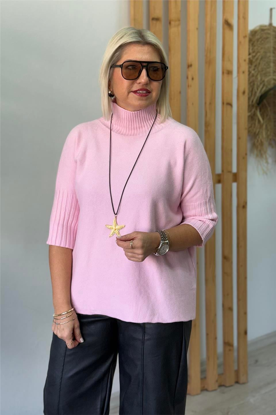 Pembe Balıkçı Yaka Kısa Kol Düz İthal TrikoUT24111043-PEMBE-STD