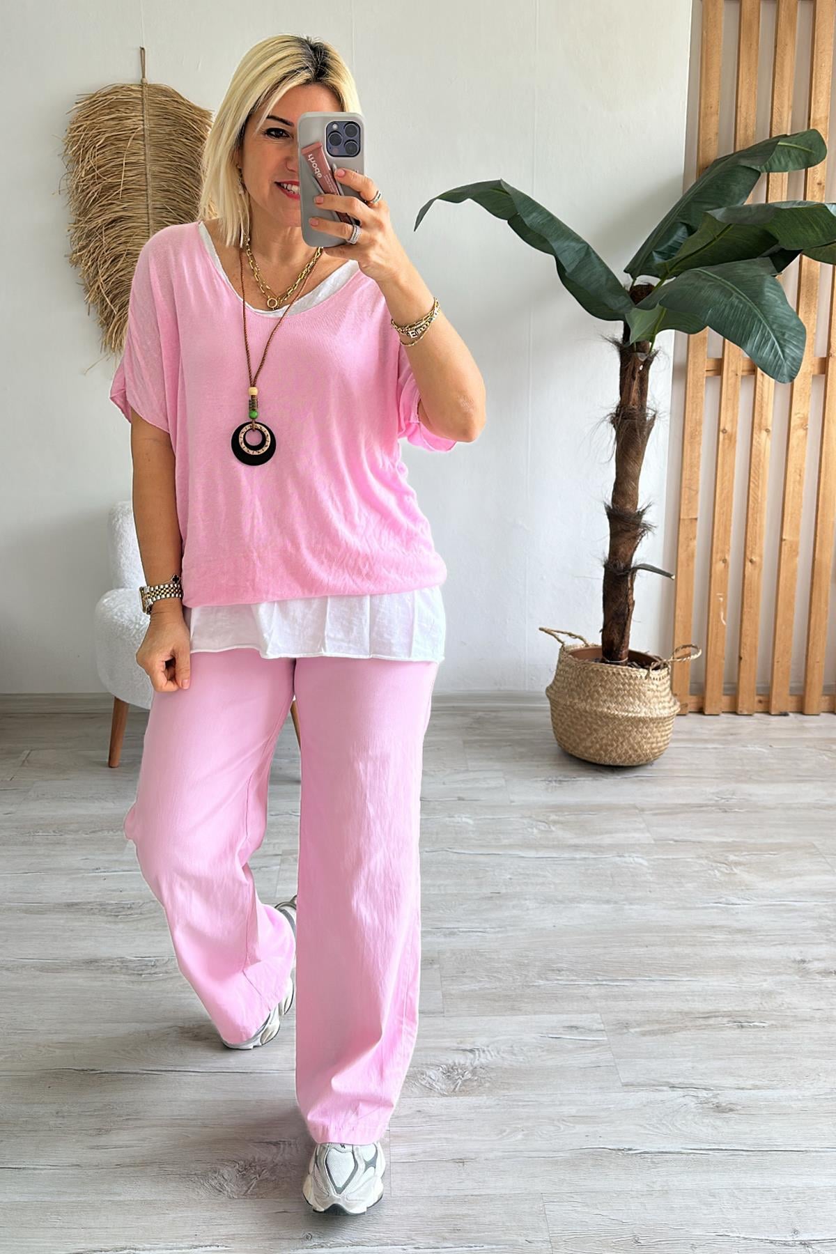 Pembe Beli Lastikli Bol Paça Full Lycralı PantolonUK224048114-PEMBE-STD