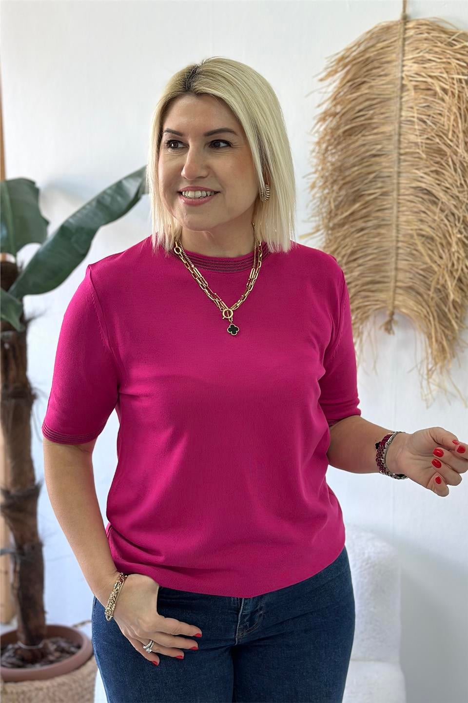 Pembe Bisiklet Yaka Kol ve Yaka Tül Biyeli TrikoUT24110972-PEMBE-S