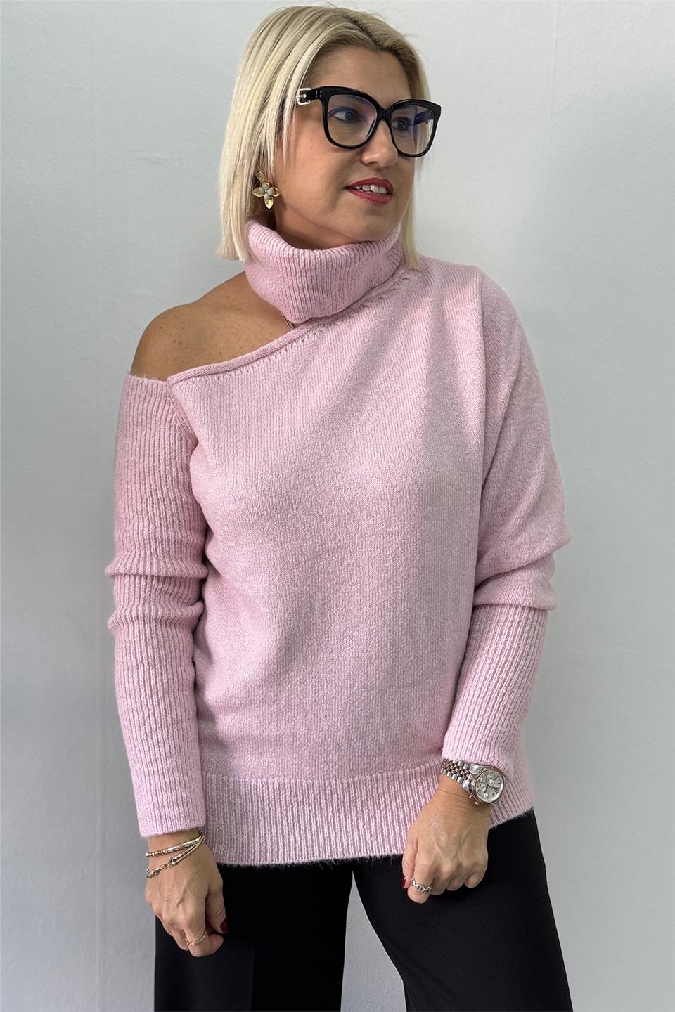 Pembe Düşük Omuzlu Balıkçı Yumoş TrikoUT24111015-PEMBE-STD