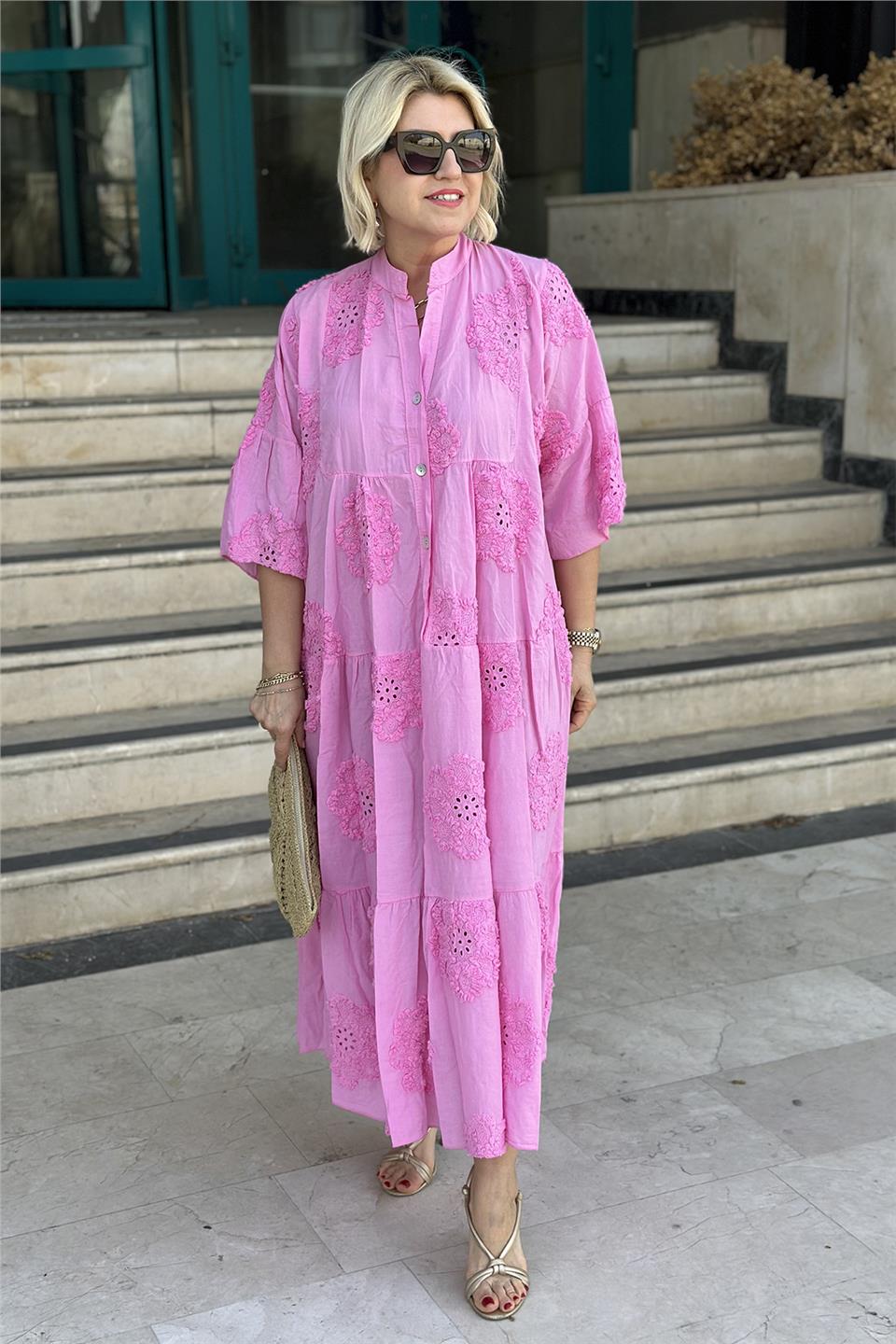 Pembe İthal Kabartma Fistolu Pamuklu ElbiseELB2401240-PEMBE-STD