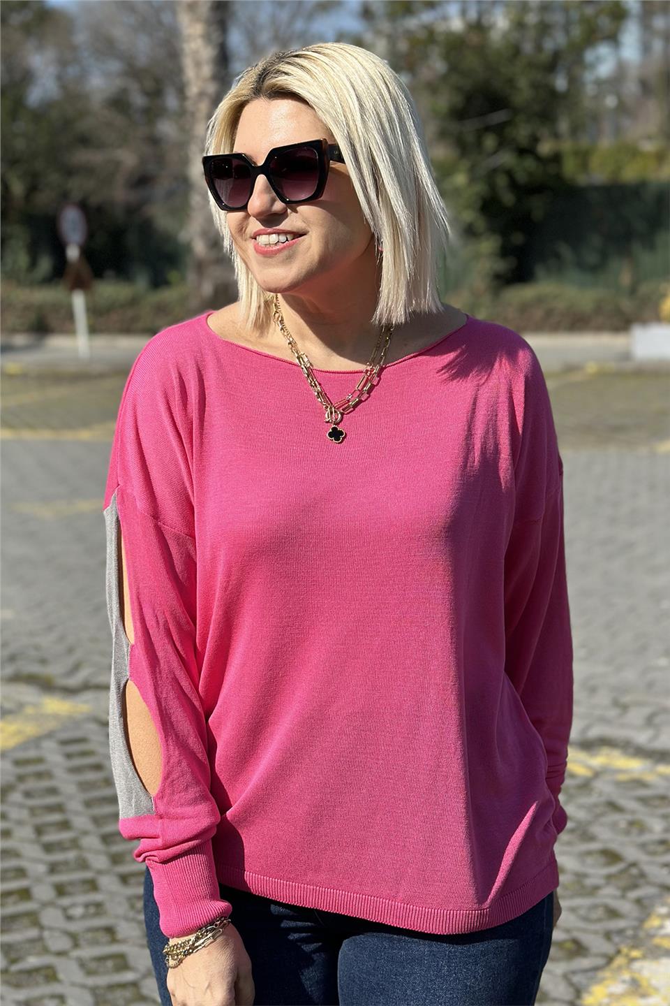 Pembe Kayık Yaka Kolları  Detaylı İnce TrikoUT24110974-PEMBE-STD