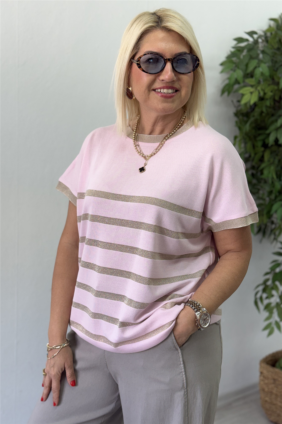 Pembe Kayık Yaka Sim Geçişli Çizgili TrikoUT26001052-PEMBE-STD