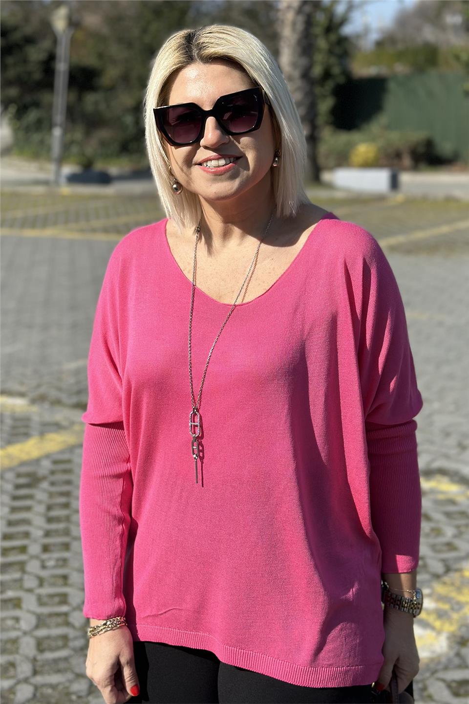 Pembe Kayık Yaka Yarasa Kol İnce TrikoUT24110975-PEMBE-STD