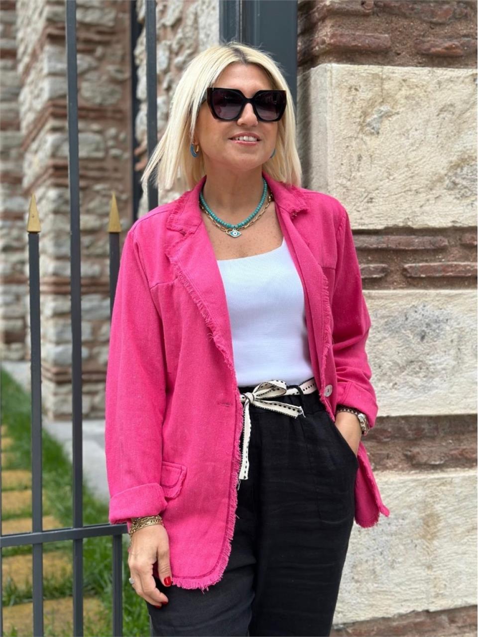 Pembe Keten Pis Dikişli Ceket DK2230116-Pembe
