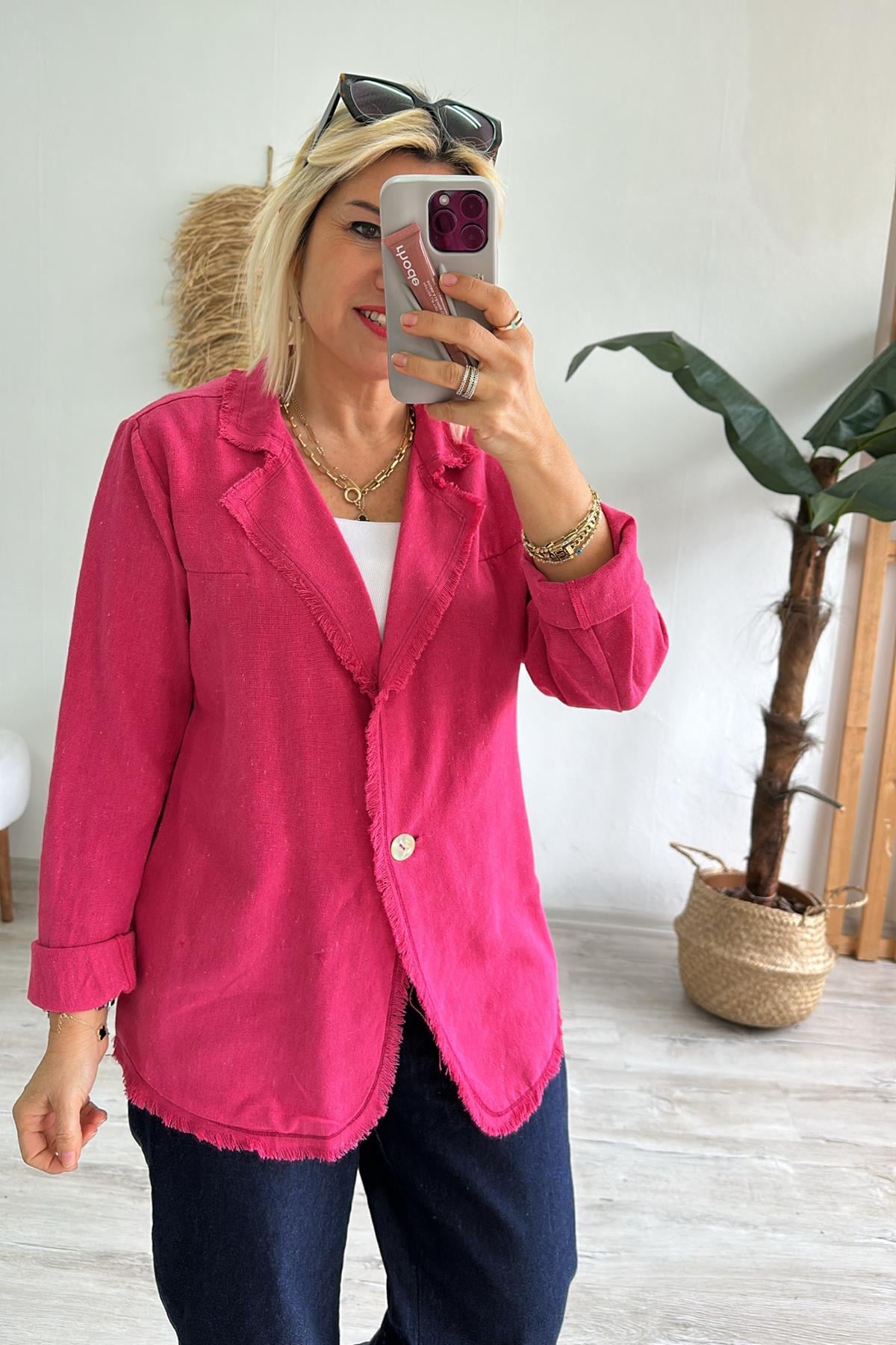 Pembe Keten Pis Dikişli Cepsiz CeketECKT2500127-PEMBE-STD