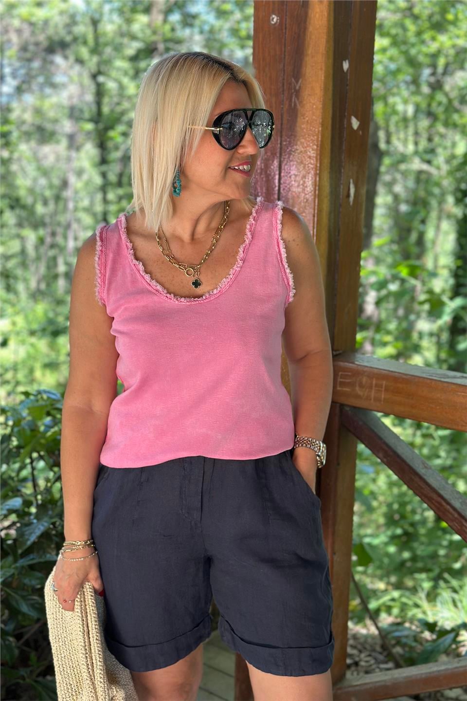 Pembe Kolsuz Saçak Detaylı Yıkamalı Pamuk Penye AtletUATL25020514-PEMBE-STD
