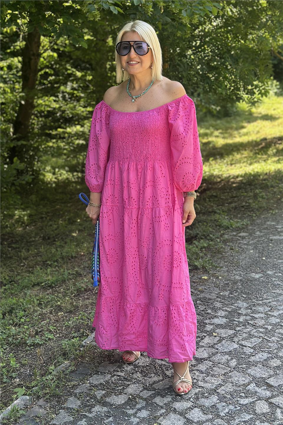 Pembe Omuz Lastikli Gipeli Uzun Fisto ElbiseELB2401272-PEMBE-STD