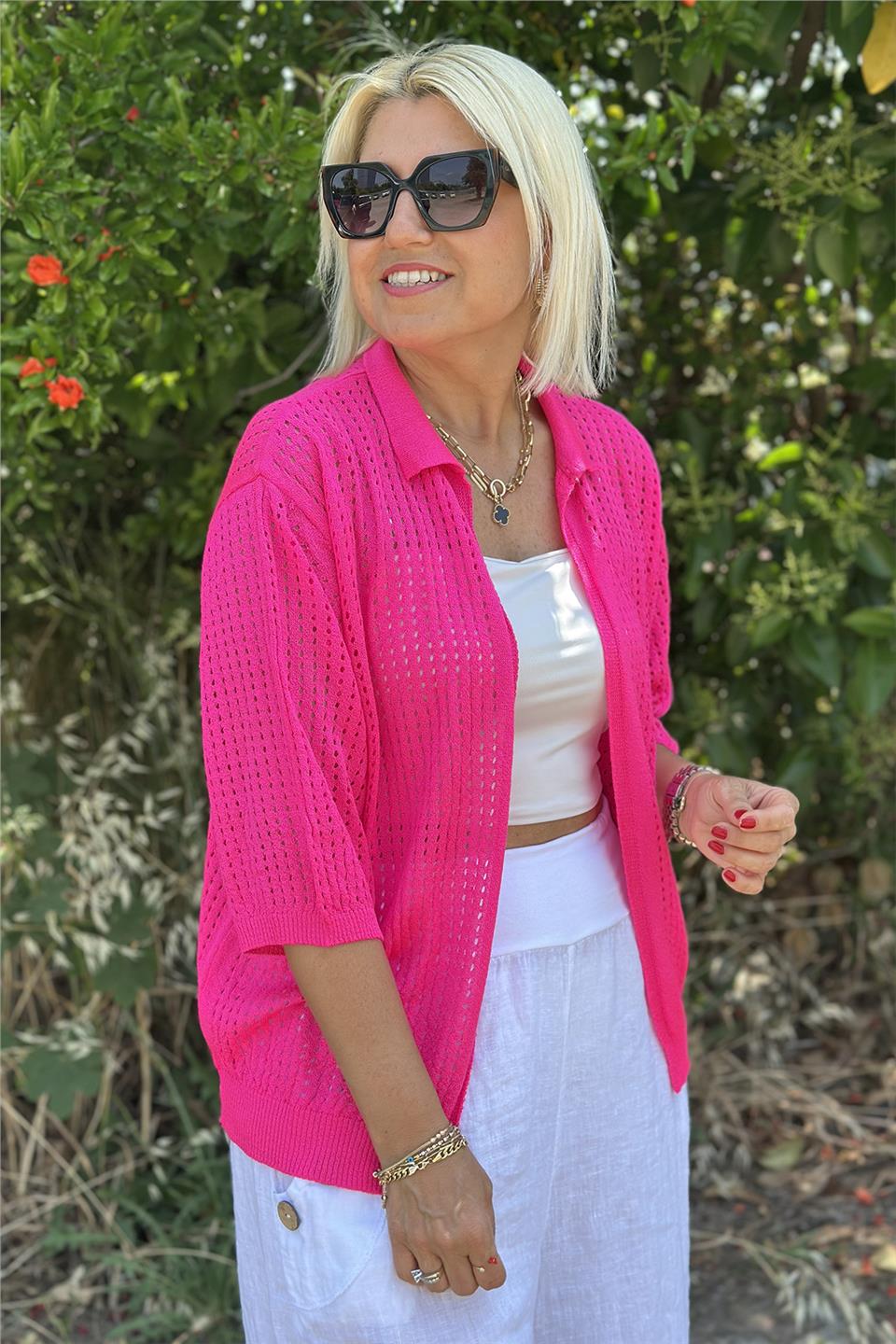 Pembe Polo Yaka Yarım Kol File HırkaUH24110932-PEMBE-STD