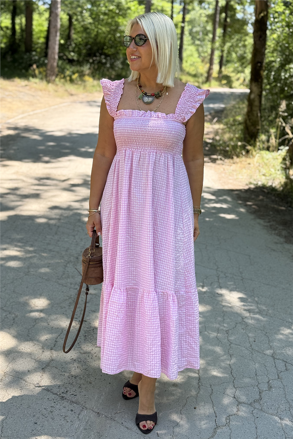 Pembe Pötikare Kolları Fırfırlı Sıfır Kol Pamuklu ElbiseELB26001064-PEMBE-STD