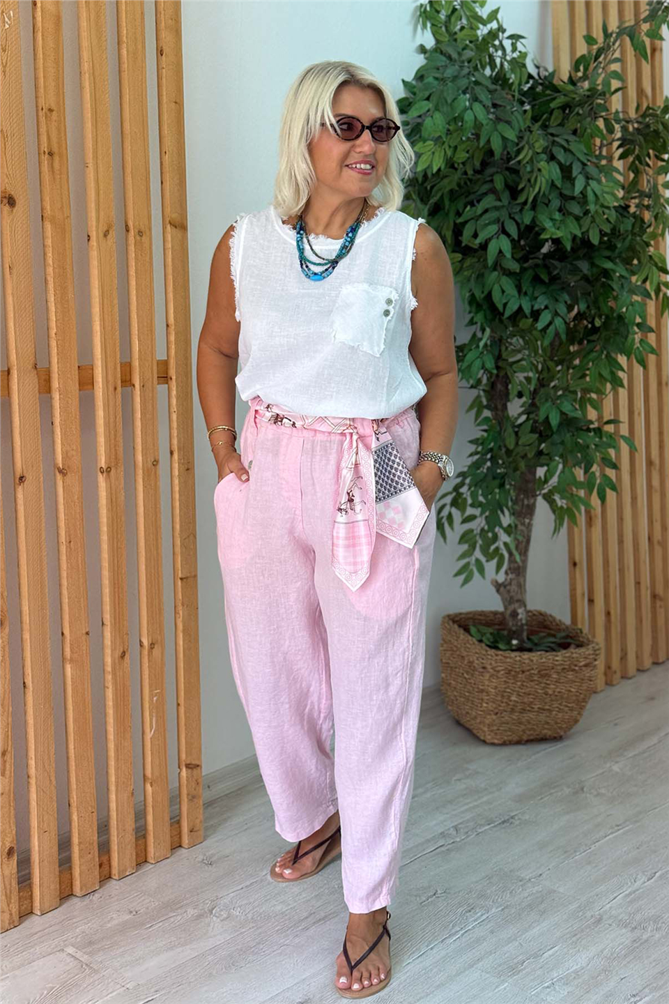 Pembe Saten Kemerli Keten PantolonAPNT20250986-PEMBE-STD