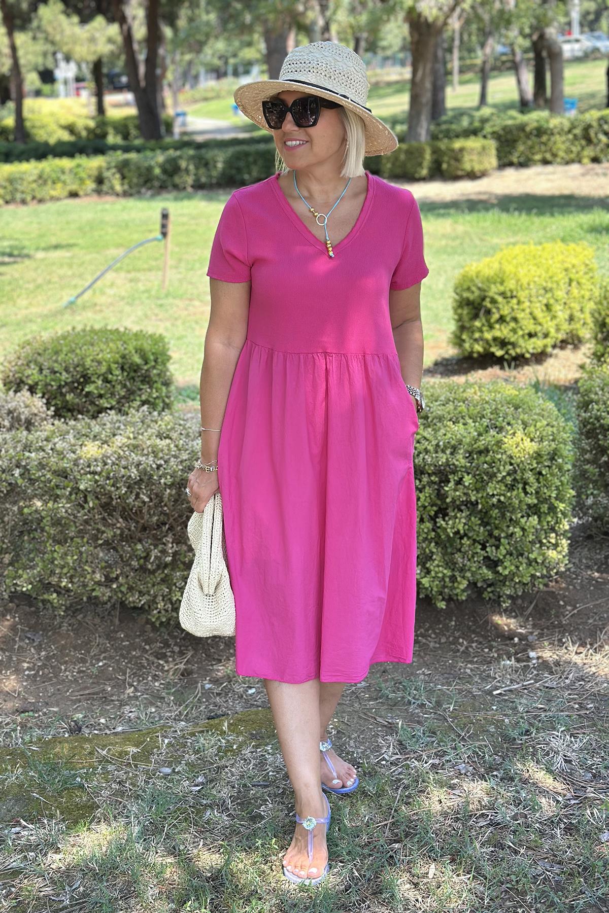 Pembe V Yaka Kolyeli Pamuk Penye Garnili ElbiseELB2401320-PEMBE-STD
