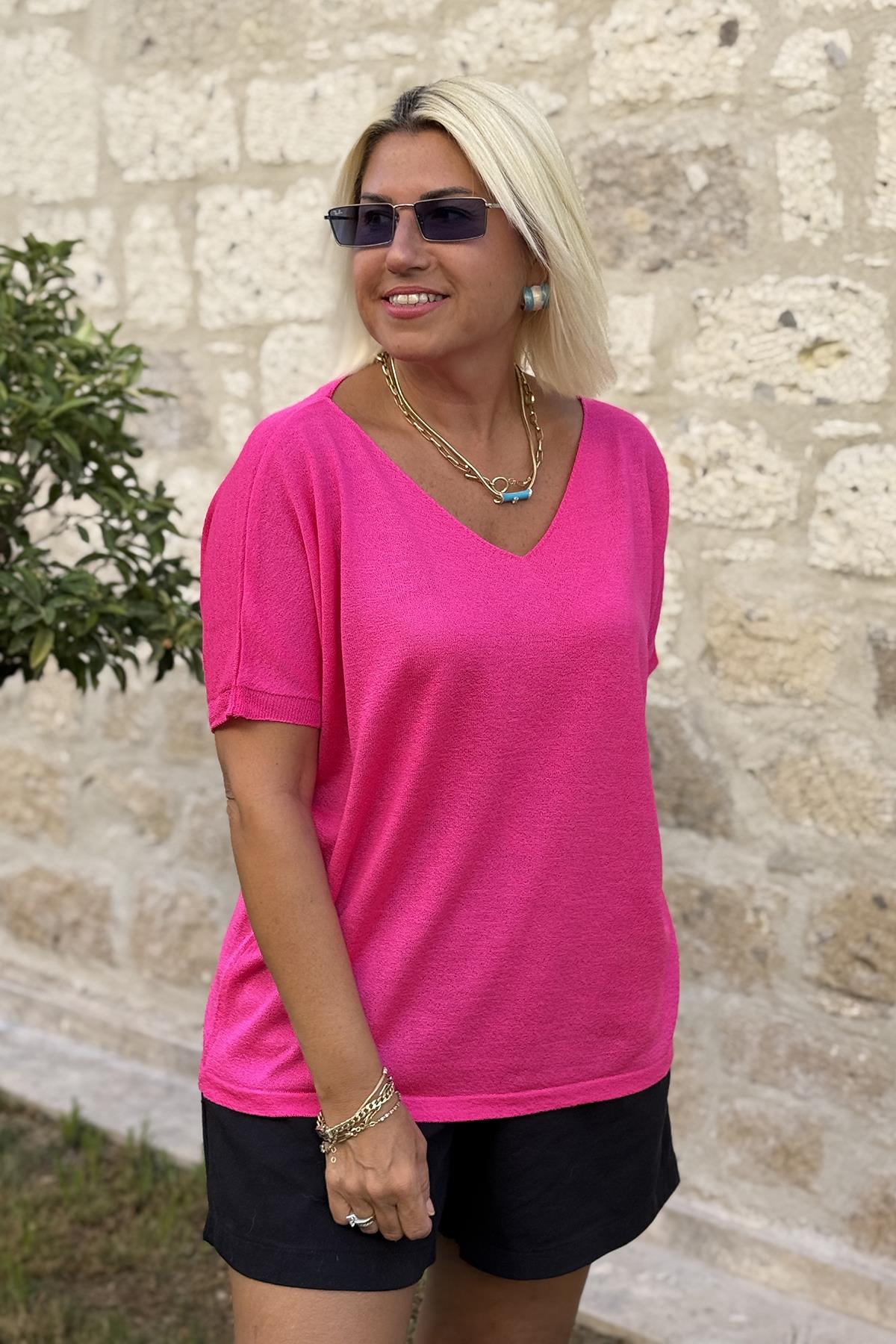 Pembe V Yaka Mevsimlik İnce TrikoUK22802012-PEMBE-STD