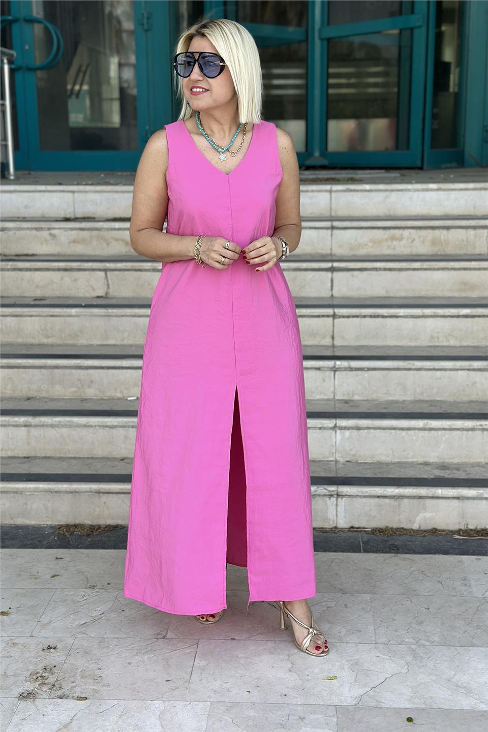 Pembe V Yaka Önden Yırtmaçlı Uzun ElbiseELB2401251-PEMBE-S