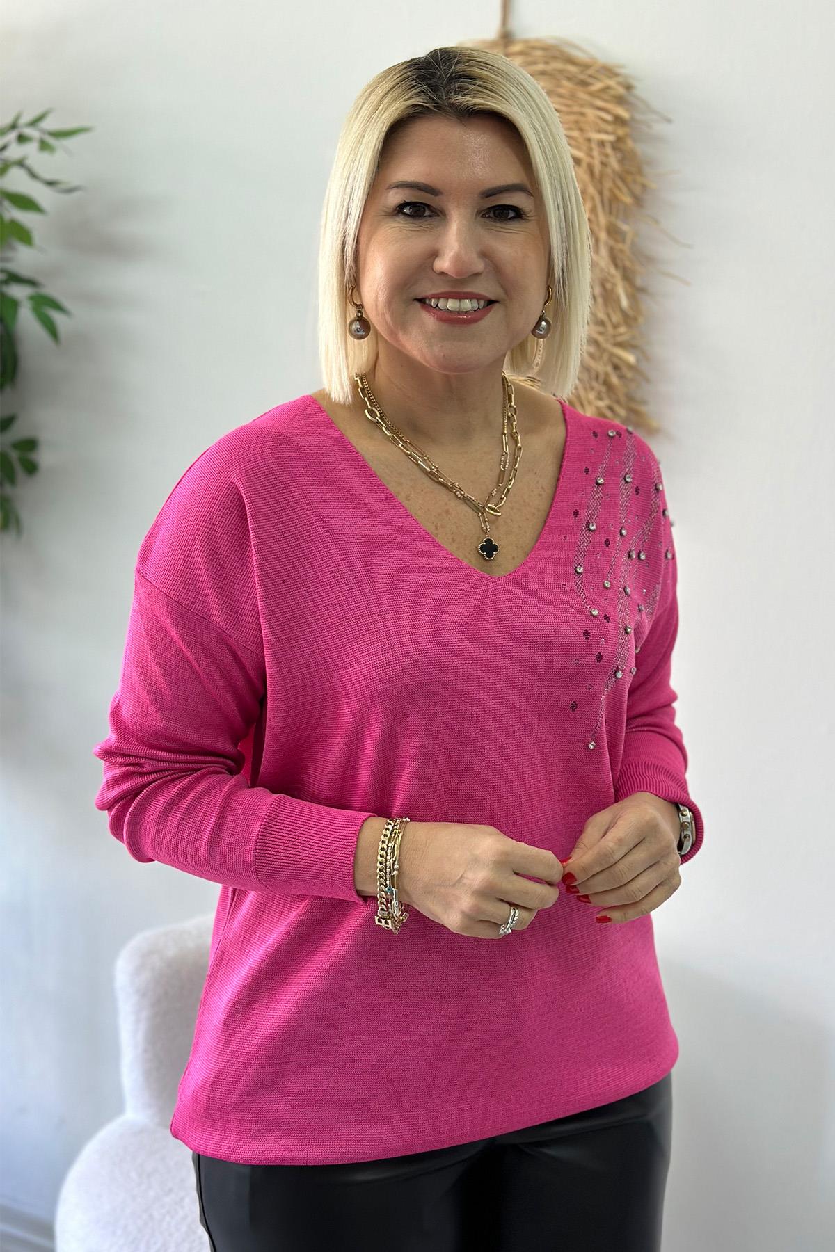 Pembe V Yaka Yakası Taşlı TrikoUT24110940-PEMBE-STD