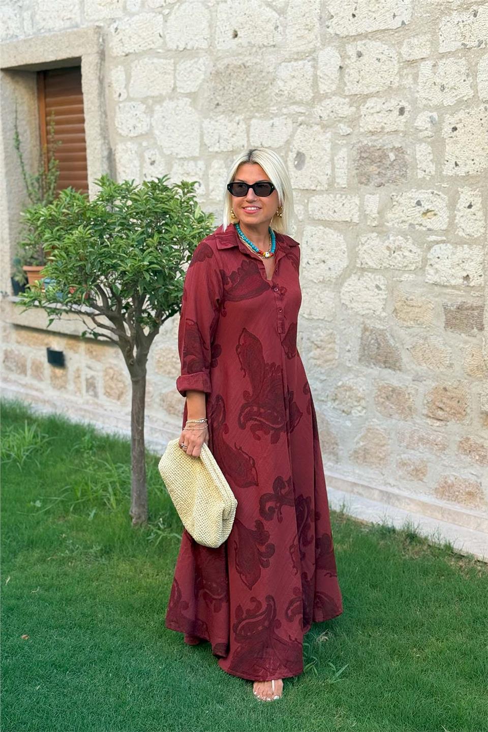 Polo Yaka Düğmeli A Kesim Uzun Kiloş Elbise ELB2401354-BORDO-STD
