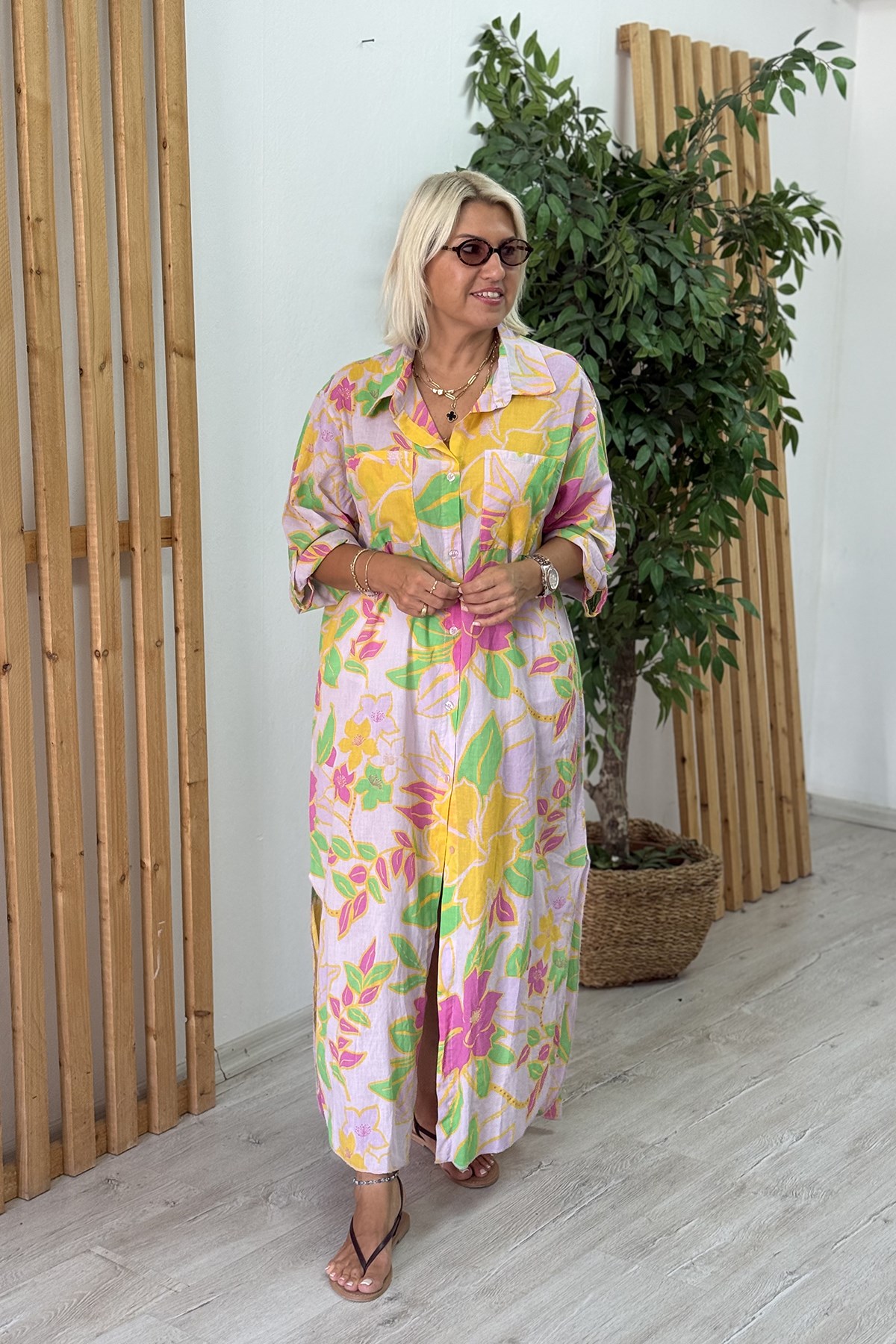 Pudra Leylak Desenli Pamuk Uzun Gömlek ElbiseELB26001114-PUDRA-STD