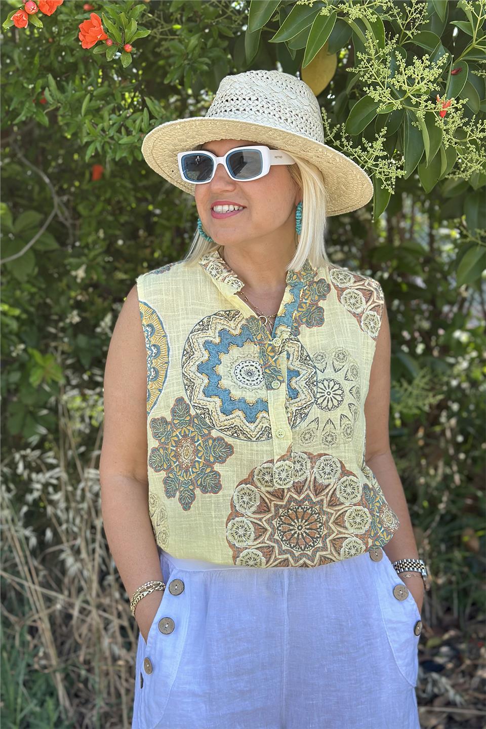 Sarı Kolsuz Mandala Desen Pamuk GömlekUG02412126-SARI-STD