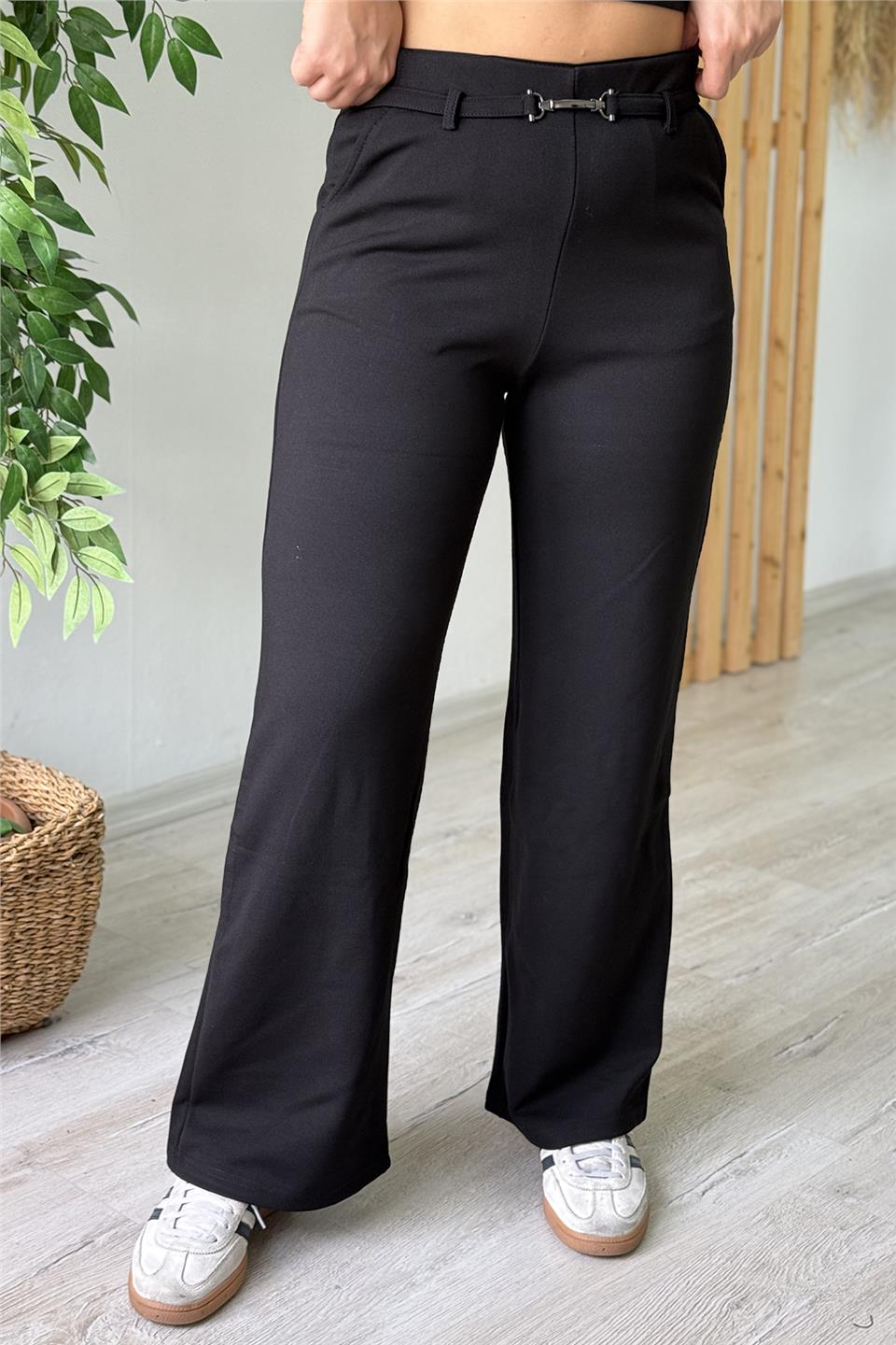 Siyah Beli Aksesuarlı Bol Paça PantolonAPNT20250913-SIYAH-36