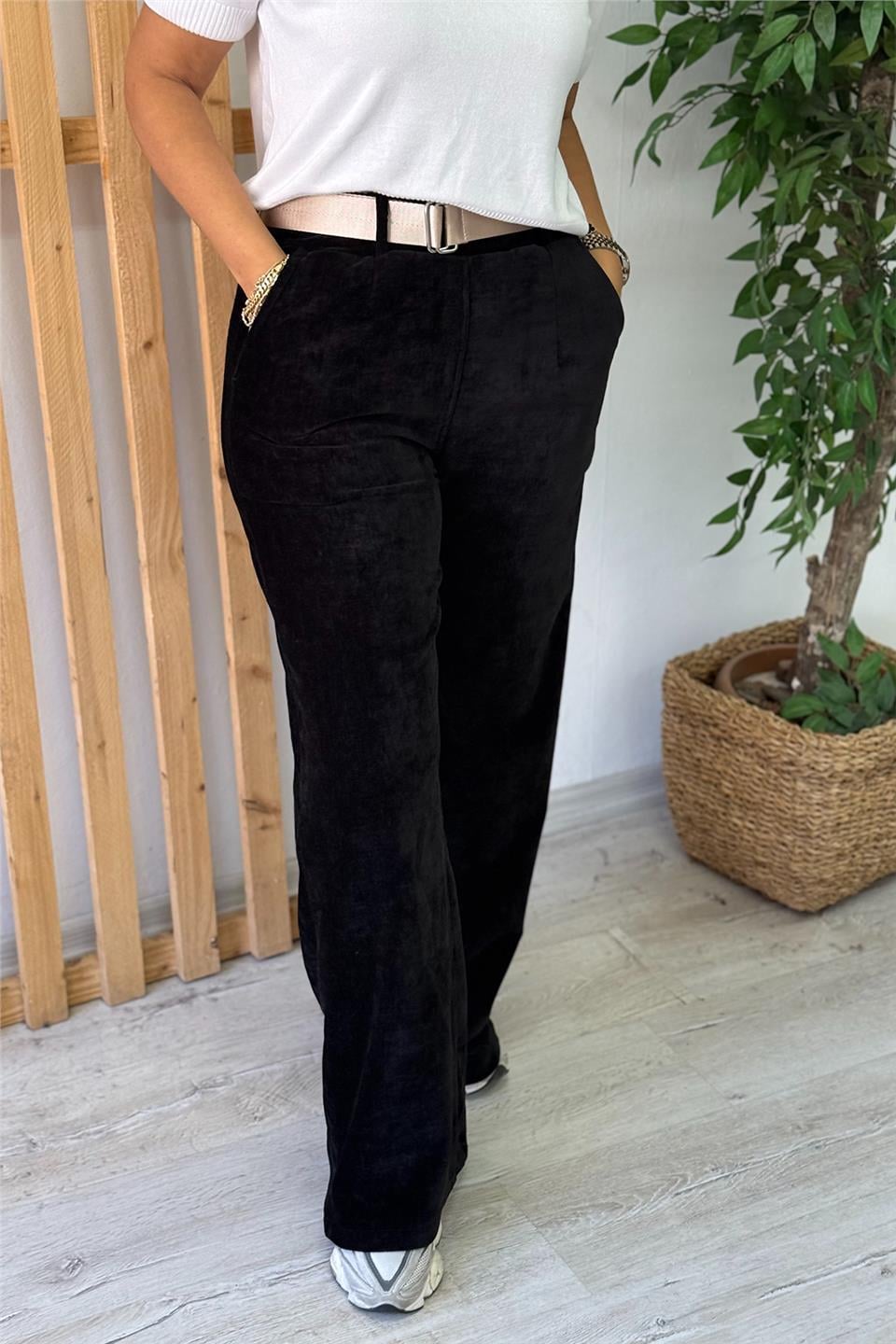 Siyah Beli Kemerli Bol Paça Lycralı Kadife PantolonAPNT20250909-SIYAH-STD