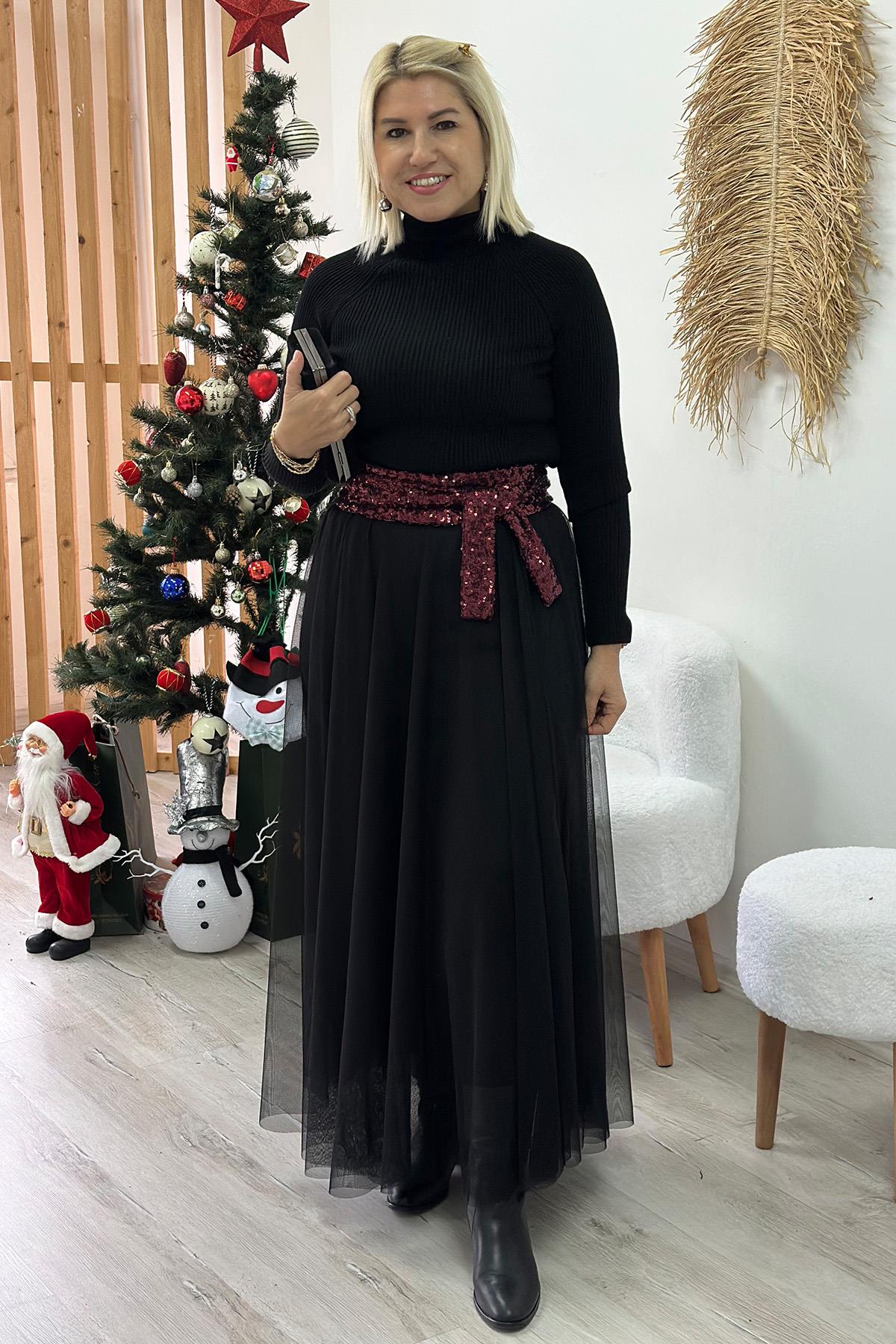Siyah Beli Lastikli Astarlı Tül EtekAY221067-SIYAH-STD